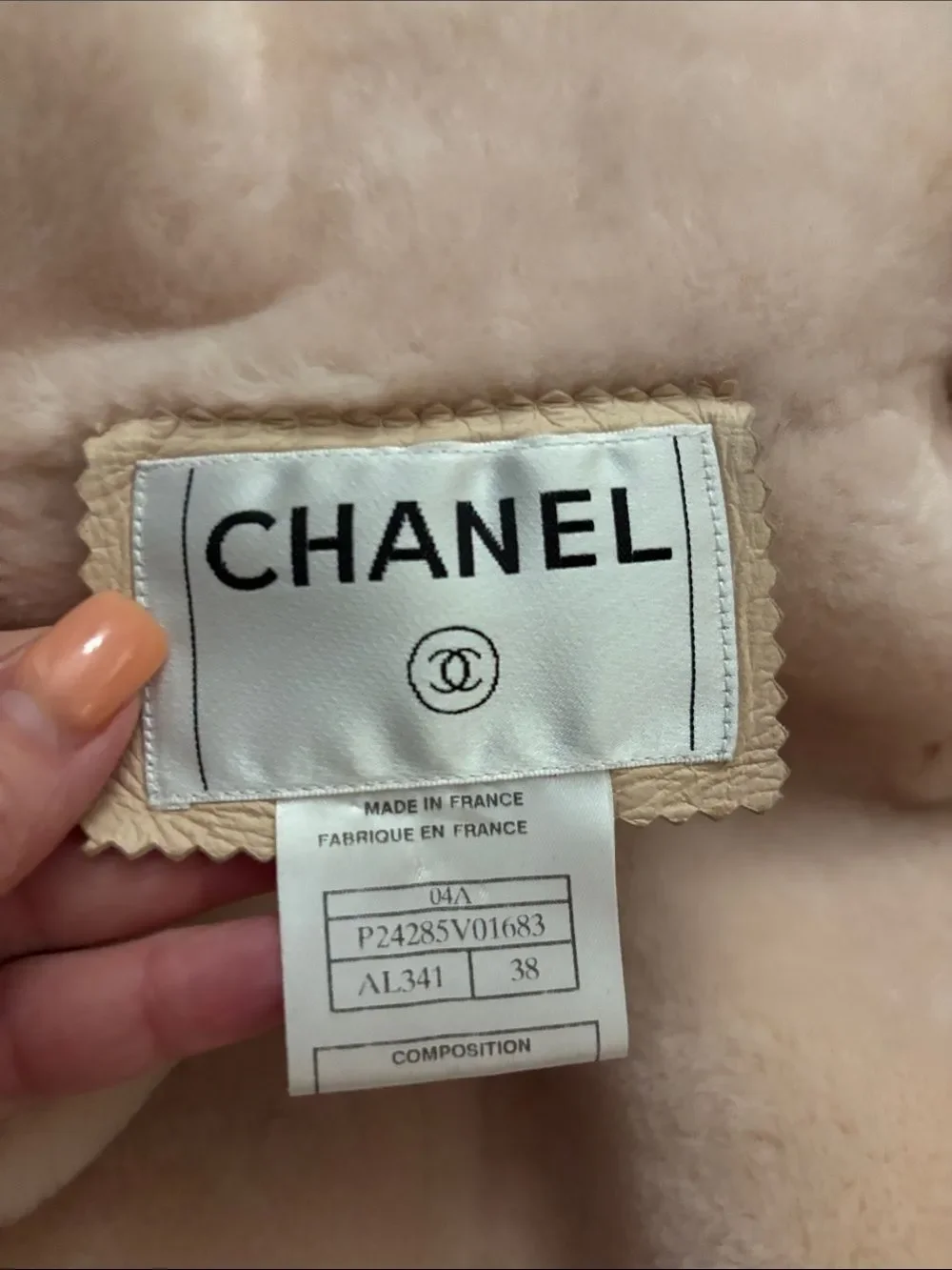 CHANEL Cream Shearling Zip Leather Jacket, US4